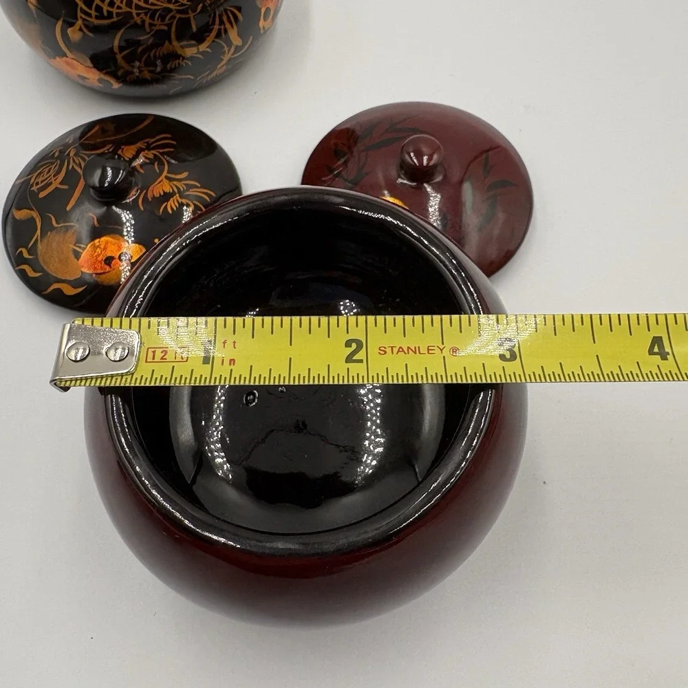 Vtg Asian lacquerware trinket boxes Set Of 2 hand-painted Red Black